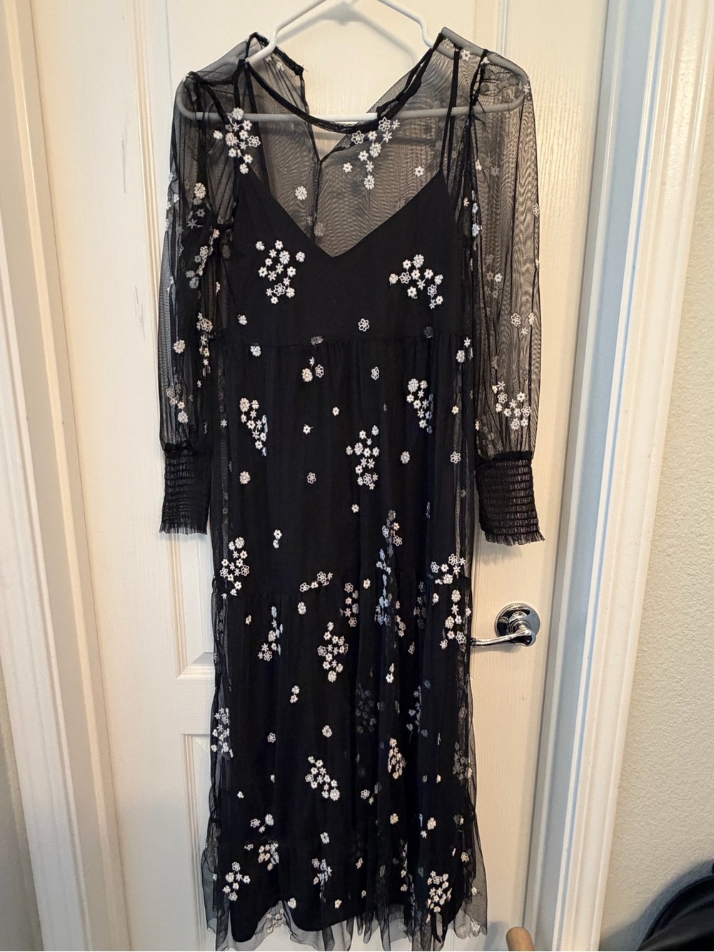 Zara Black Midi Mesh Dress with White Floral Embroidery